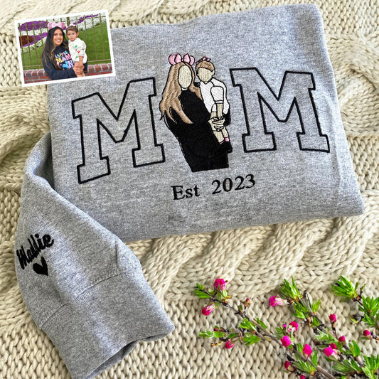 Embroidered Mama Sweatshirt, Custom Embroidered Mother Shirt, Custom Embroidered Portrait Hoodie, Gift for Mom